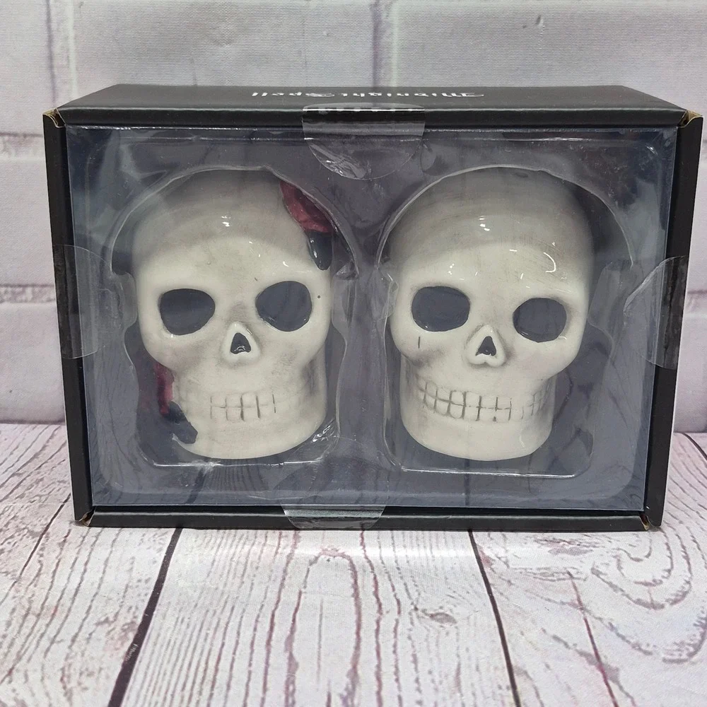 Midnight Spell Skull Salt and Pepper Shaker Set Ceramic Gothic Halloween Decor